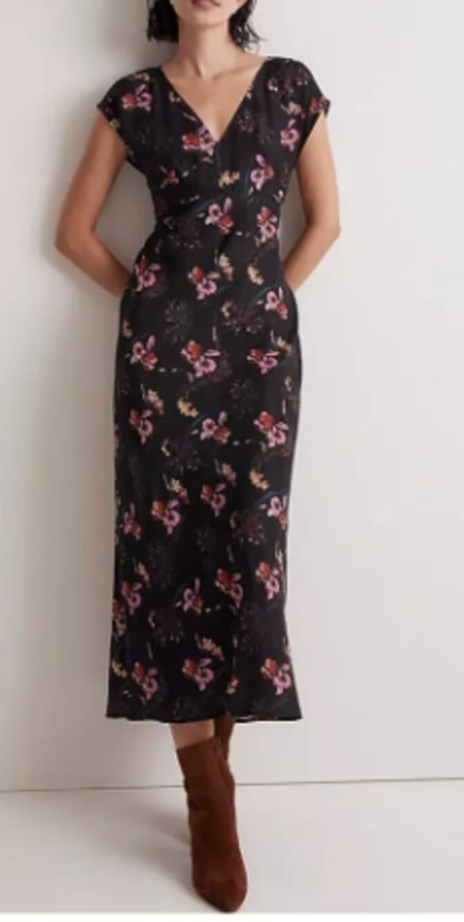 NWOT Madewell Wide V-Neck Midi Dress Floral Black Size 2